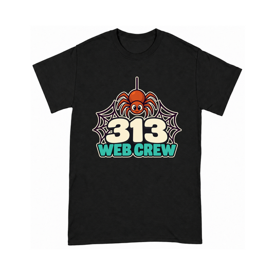 Digital mockup of 313 Web Crew on a Black finished graphic shirt