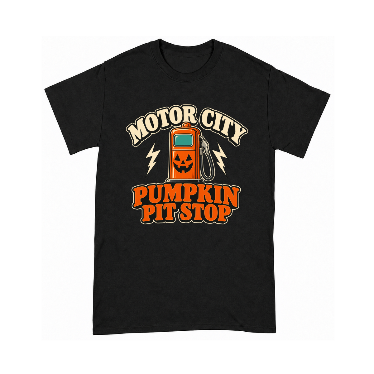 Digital mockup of Motor City Pumpkin Pit Stop on a Black finished graphic shirt