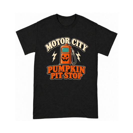 Digital mockup of Motor City Pumpkin Pit Stop on a Black finished graphic shirt