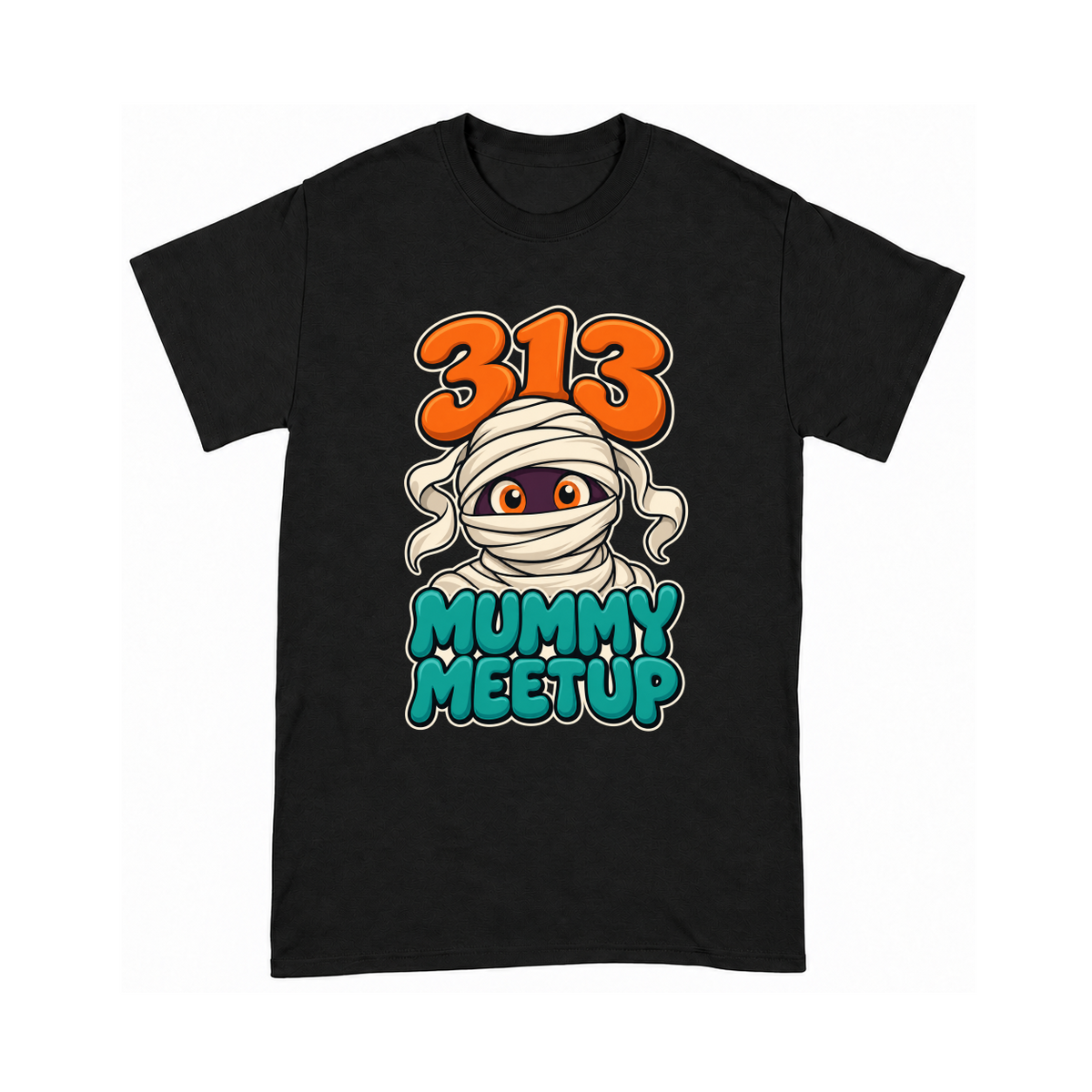 Digital mockup of 313 Mummy Meetup on a Black finished graphic shirt