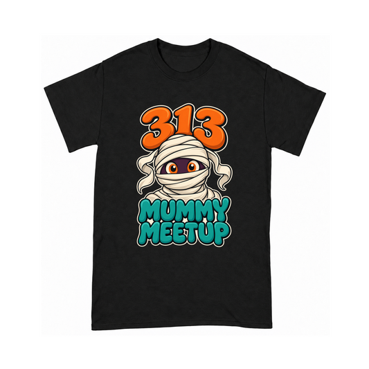 Digital mockup of 313 Mummy Meetup on a Black finished graphic shirt