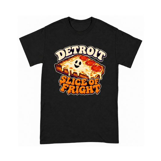 Digital mockup of Detroit Slice of Fright on a Black finished graphic shirt