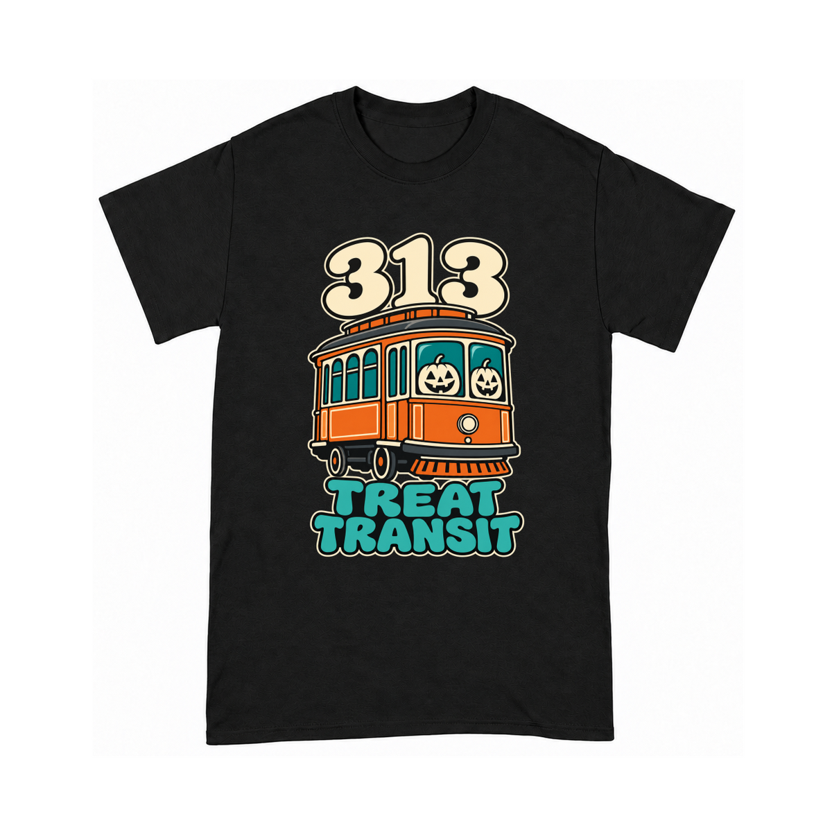 Digital mockup of 313 Treat Transit on a Black finished graphic shirt