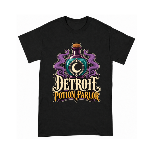 Digital mockup of Detroit Potion Parlor on a Black finished graphic shirt