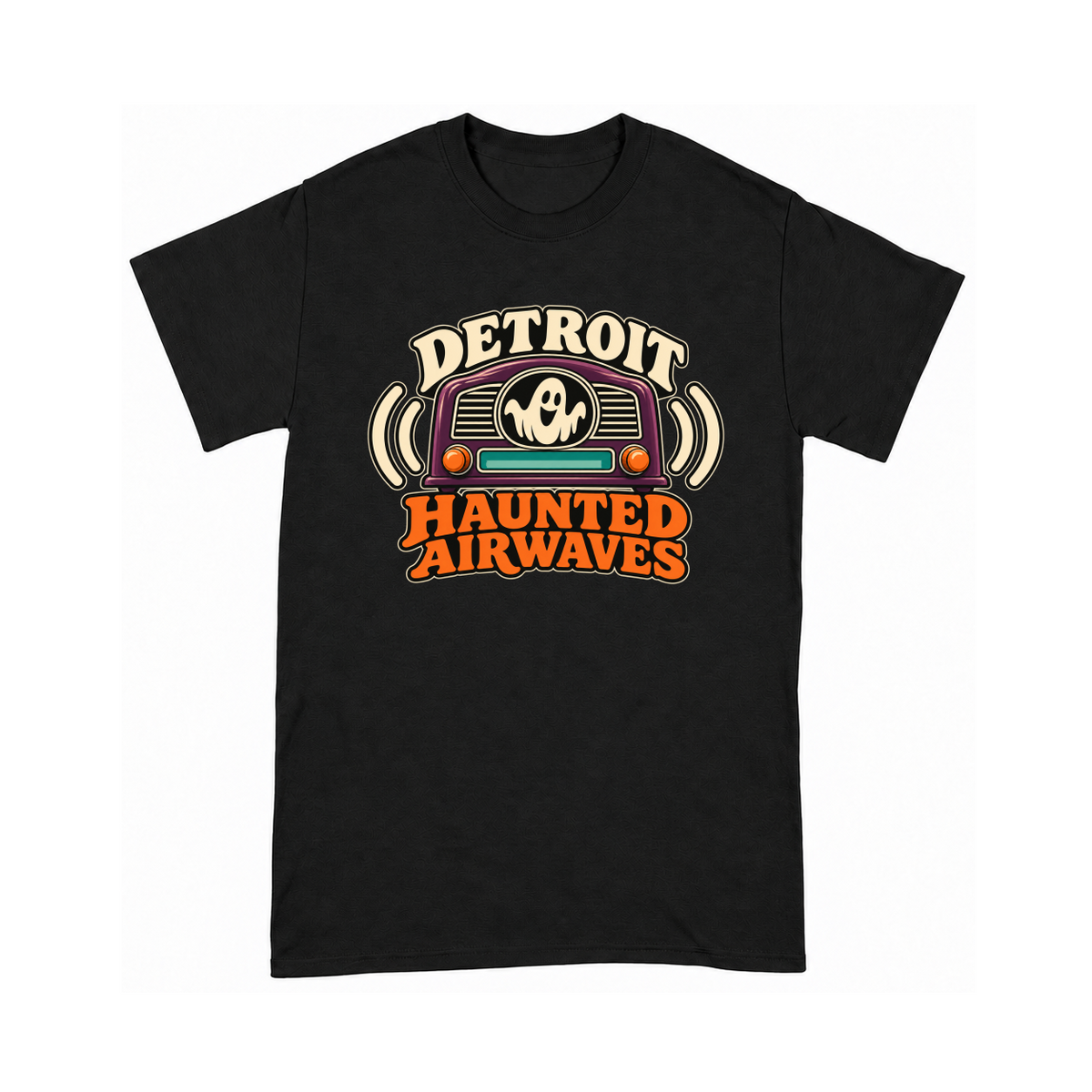 Digital mockup of Detroit Haunted Airwaves on a Black finished graphic shirt