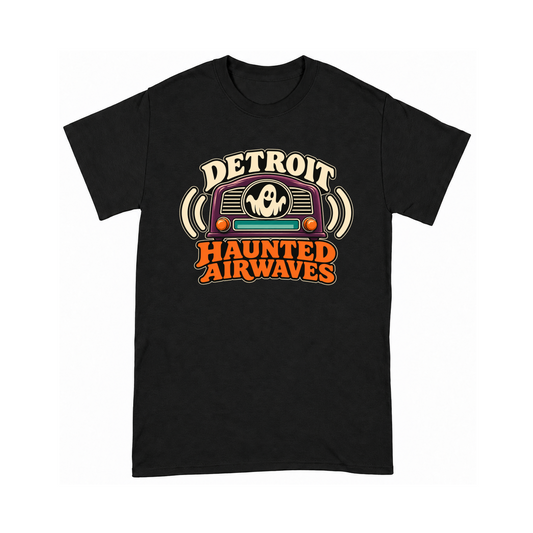 Digital mockup of Detroit Haunted Airwaves on a Black finished graphic shirt