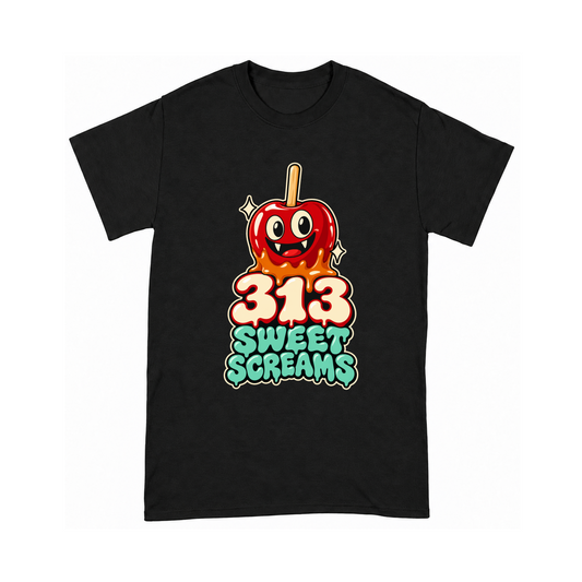 Digital mockup of 313 Sweet Screams on a Black finished graphic shirt