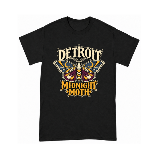 Digital mockup of Detroit Midnight Moth on a Black finished graphic shirt