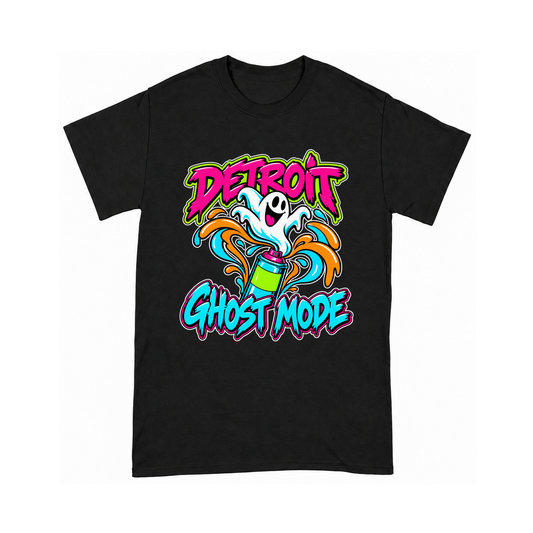 Digital mockup of Detroit Ghost Mode on a Black finished graphic shirt