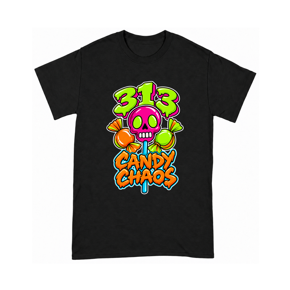 Digital mockup of 313 Candy Chaos on a Black finished graphic shirt