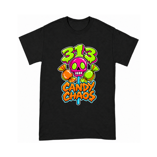 Digital mockup of 313 Candy Chaos on a Black finished graphic shirt
