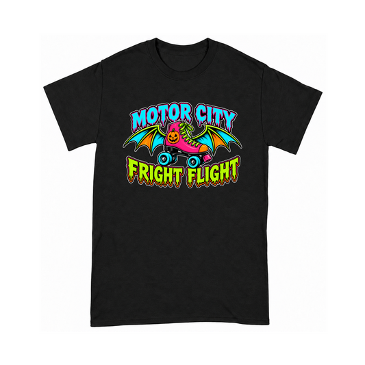 Digital mockup of Motor City Fright Flight on a Black finished graphic shirt
