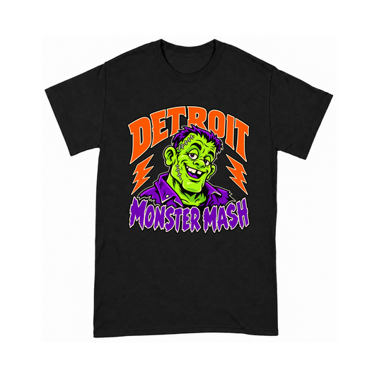 Digital mockup of Detroit Monster Mash on a Black finished graphic shirt