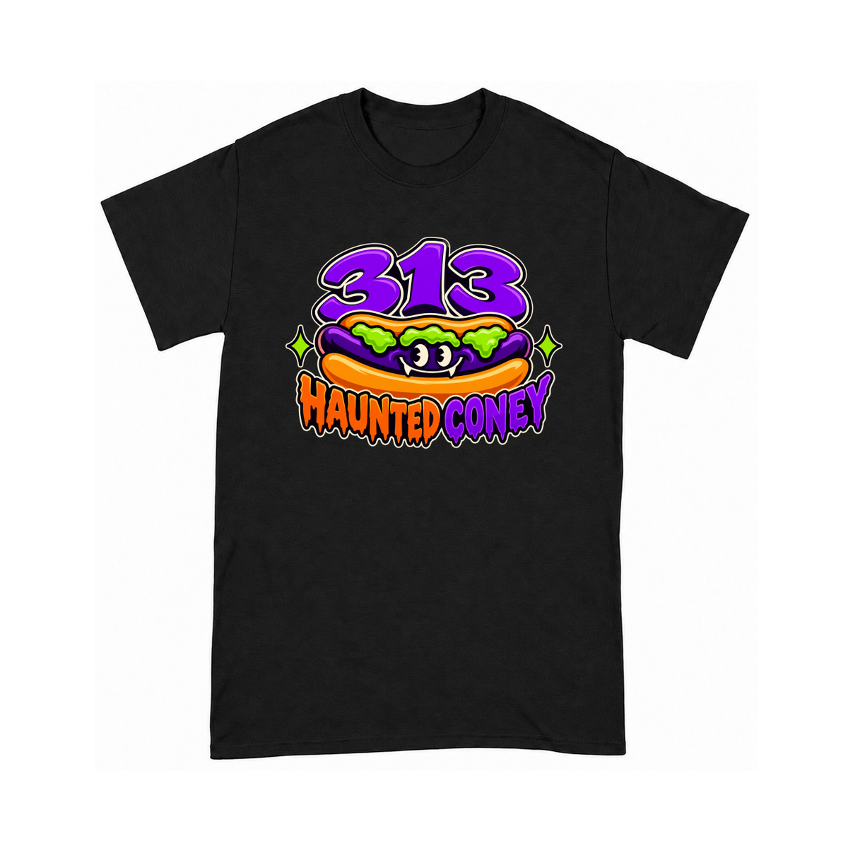 Digital mockup of 313 Haunted Coney on a Black finished graphic shirt