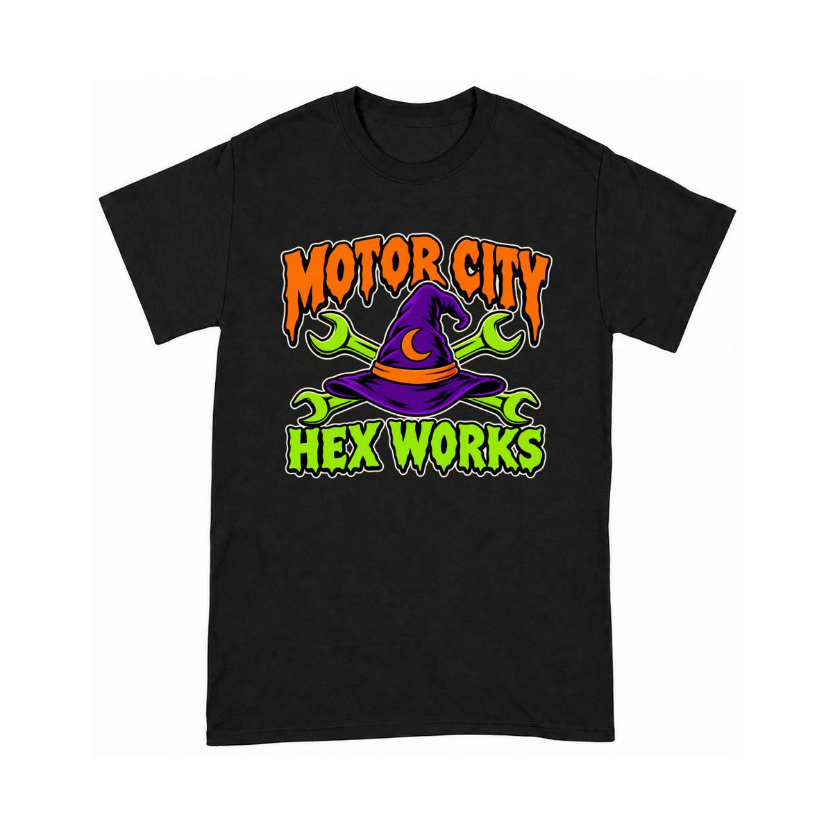 Digital mockup of Motor City Hex Works on a Black finished graphic shirt
