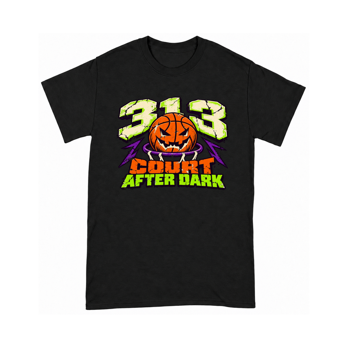 Digital mockup of 313 Court After Dark on a Black finished graphic shirt