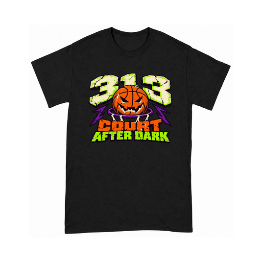 Digital mockup of 313 Court After Dark on a Black finished graphic shirt