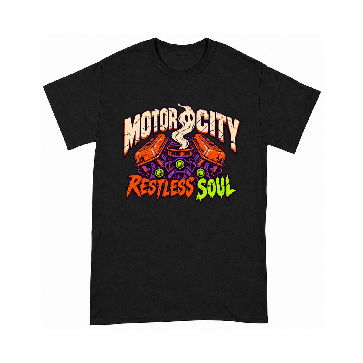 Digital mockup of Motor City Restless Soul on a Black finished graphic shirt