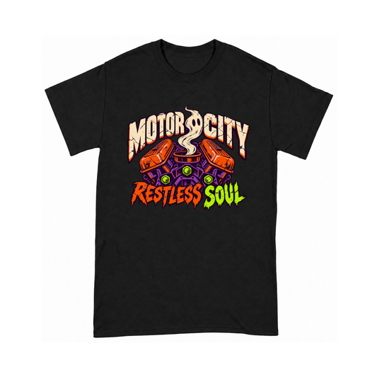 Digital mockup of Motor City Restless Soul on a Black finished graphic shirt