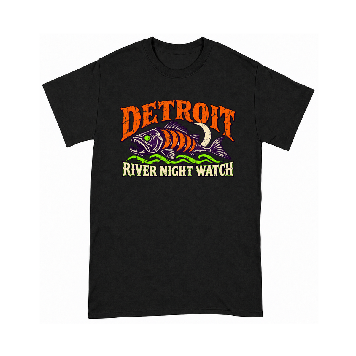 Digital mockup of Detroit River Night Watch on a Black finished graphic shirt