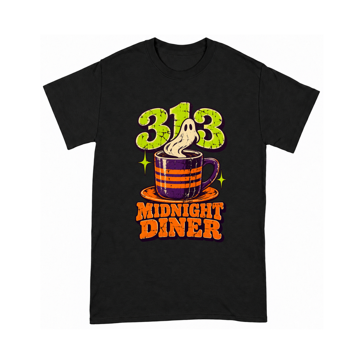 Digital mockup of 313 Midnight Diner on a Black finished graphic shirt
