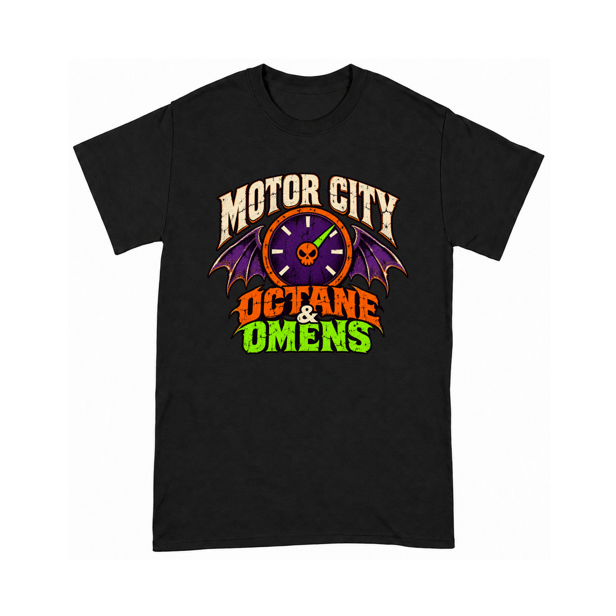 Digital mockup of Motor City Octane and Omens on a Black finished graphic shirt