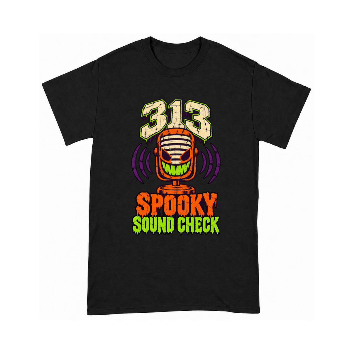 Digital mockup of 313 Spooky Sound Check on a Black finished graphic shirt