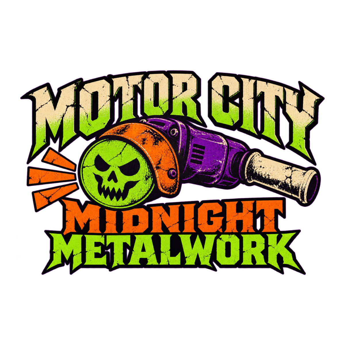 Motor City Midnight Metalwork physical DTF transfer artwork preview; shirt not included