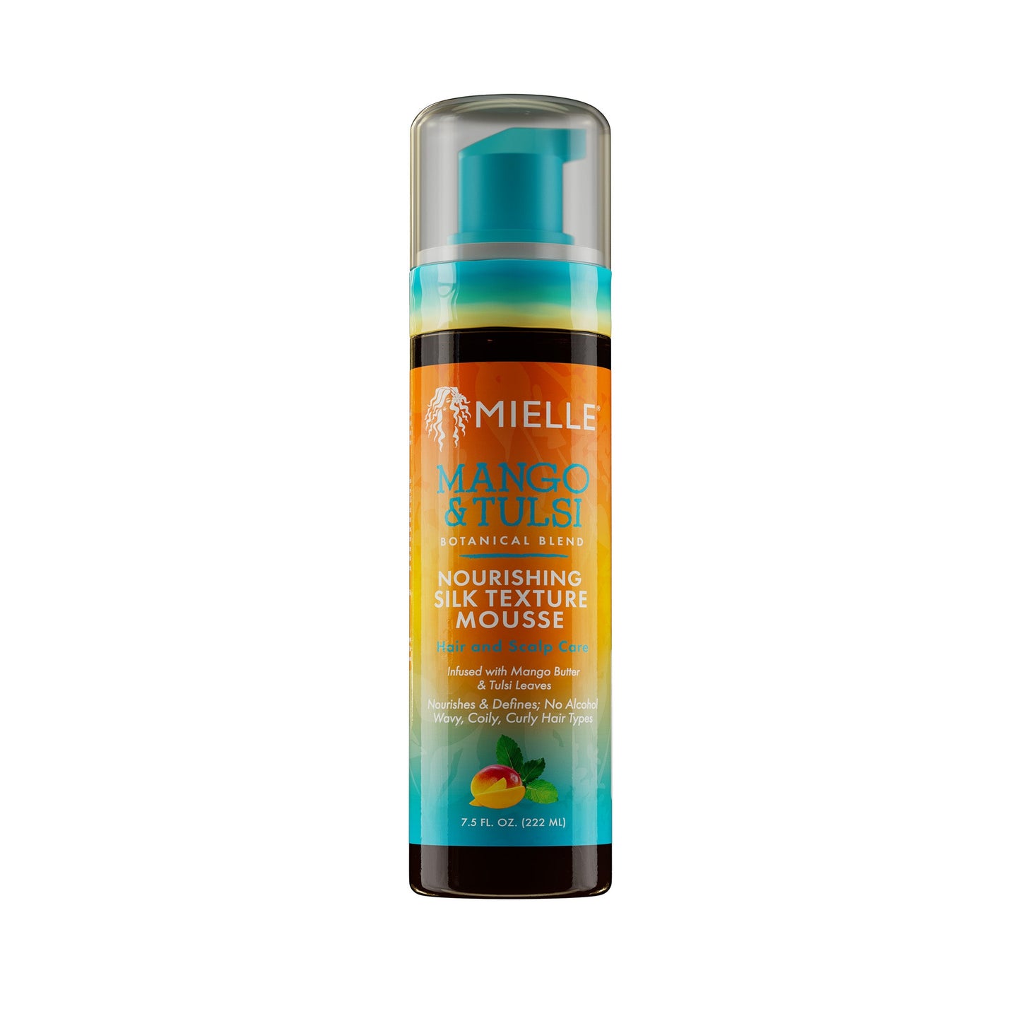 Mielle Mango and Tulsi Nourishing Silk Texture Mousse 7.5 fl oz pump bottle on white background