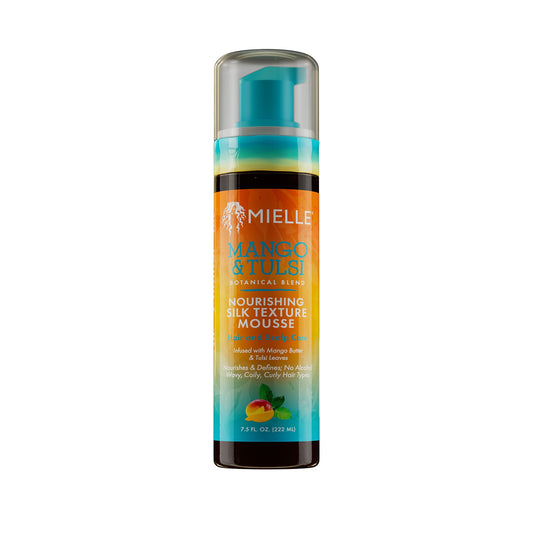 Mielle Mango and Tulsi Nourishing Silk Texture Mousse 7.5 fl oz pump bottle on white background
