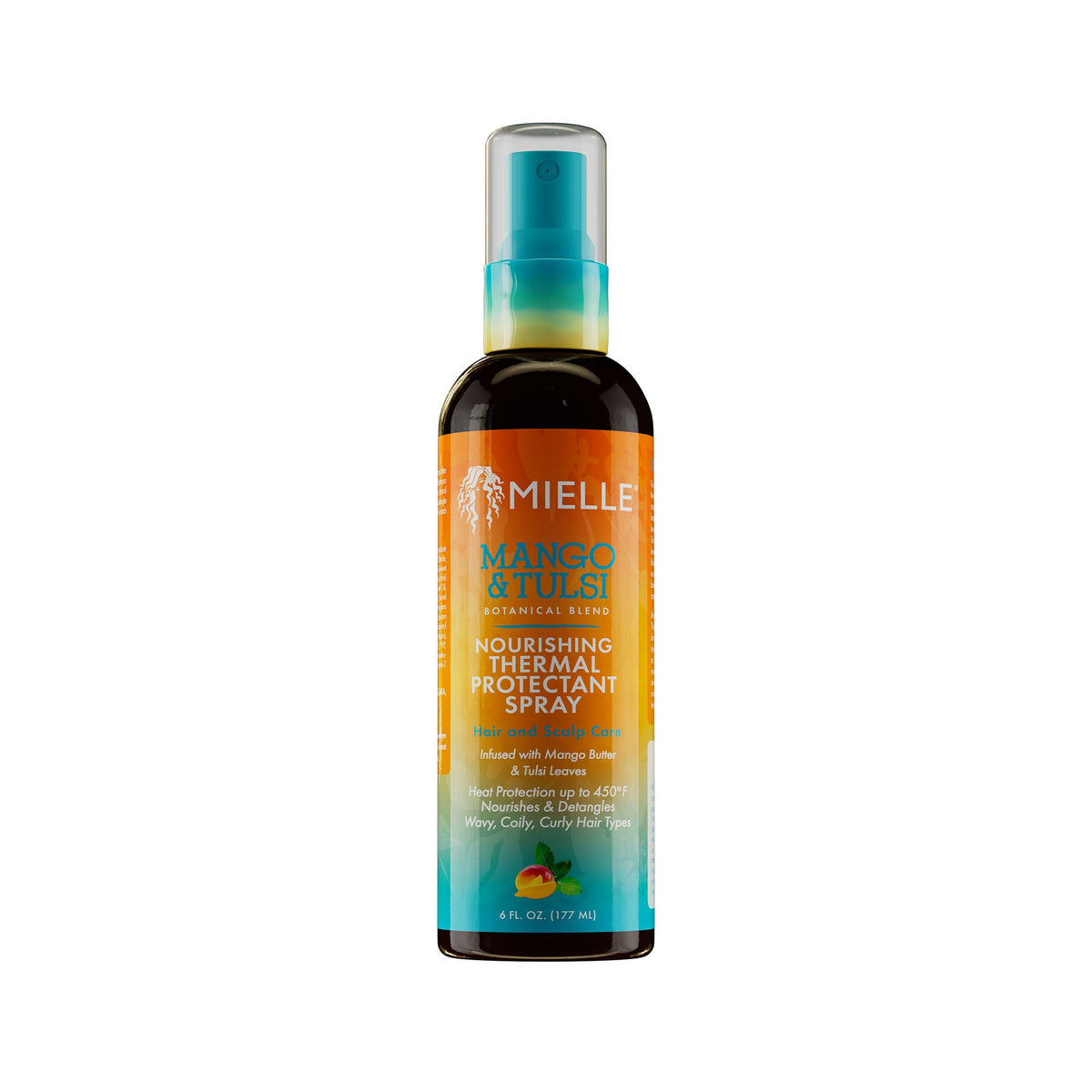 Mielle Mango and Tulsi Nourishing Thermal Protectant Spray 6 oz bottle on white background