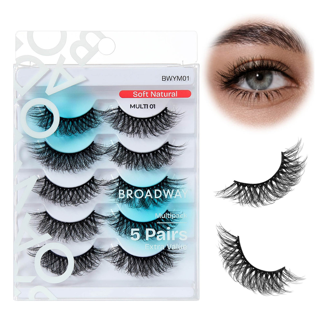 Broadway Faux Mink Strip Lashes – 5-Pair Multipack – Soft Natural #01 – one retail pack