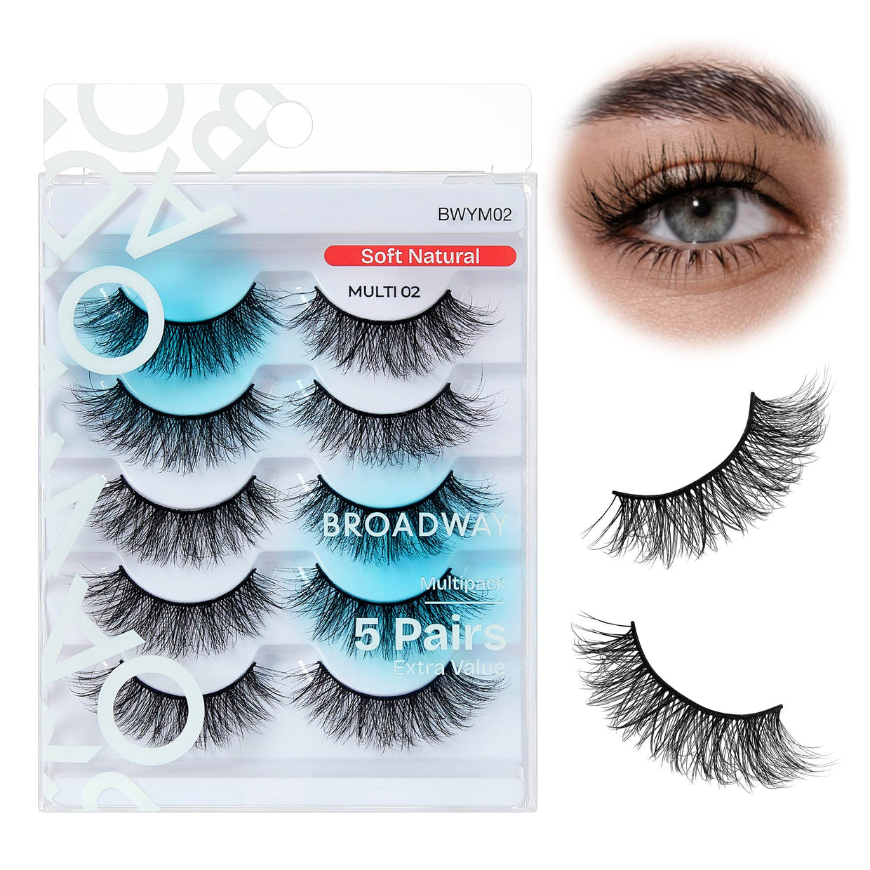 Broadway Faux Mink Strip Lashes – 5-Pair Multipack – Soft Natural #02 – one retail pack