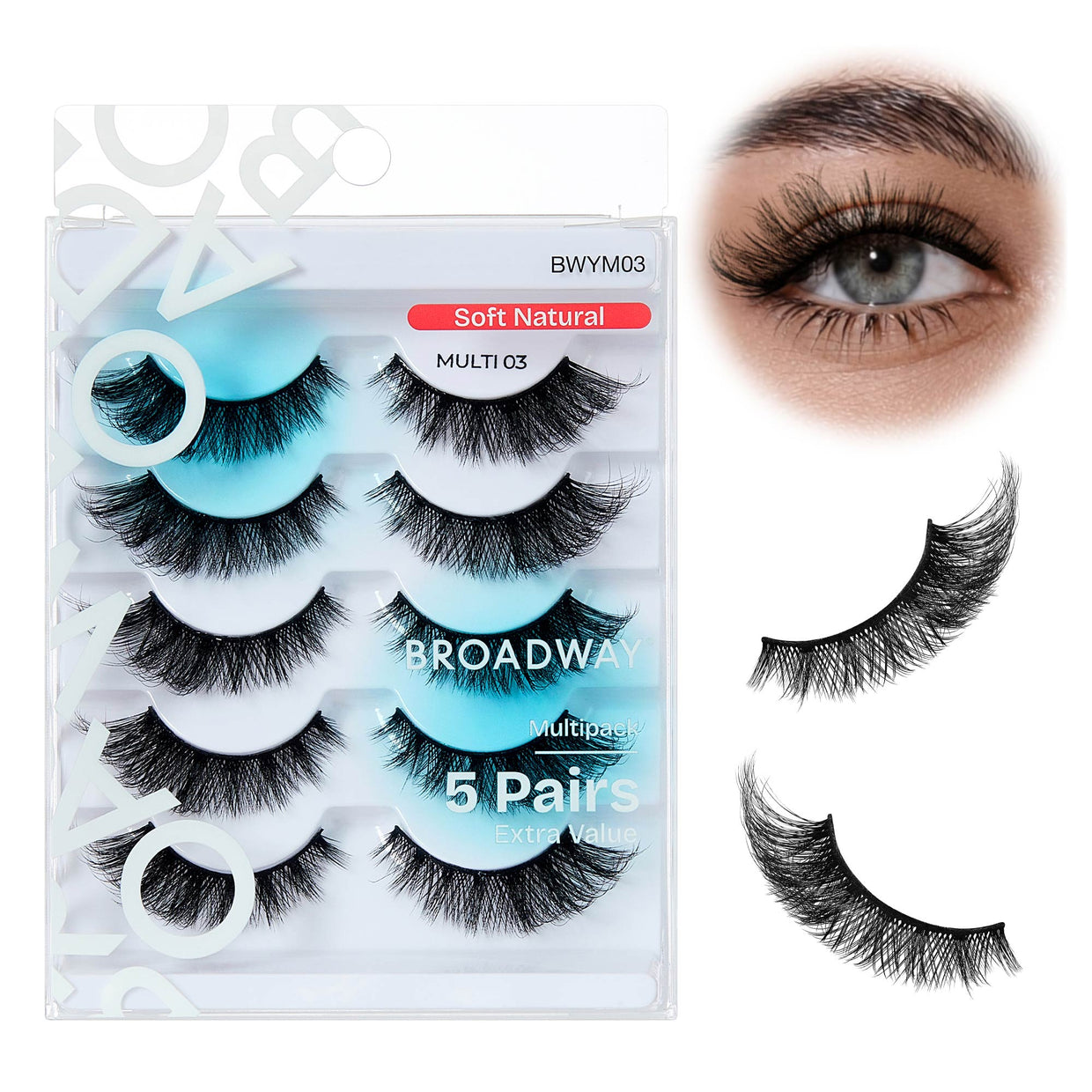 Broadway Faux Mink Strip Lashes – 5-Pair Multipack – Soft Natural #03 – one retail pack