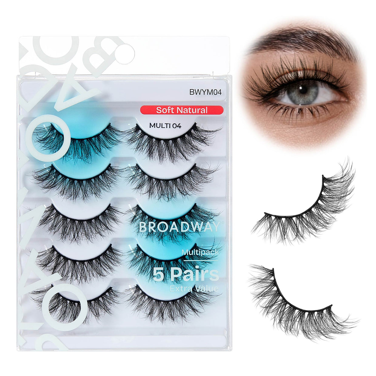 Broadway Faux Mink Strip Lashes – 5-Pair Multipack – Soft Natural #04 – one retail pack