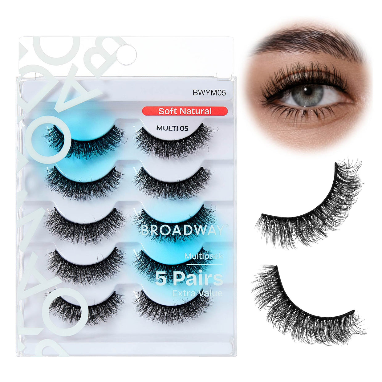 Broadway Faux Mink Strip Lashes – 5-Pair Multipack – Soft Natural #05 – one retail pack