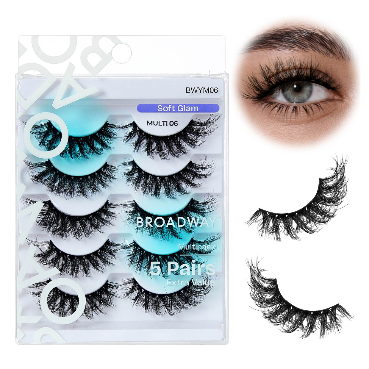 Broadway Faux Mink Strip Lashes – 5-Pair Multipack – Soft Glam #06 – one retail pack