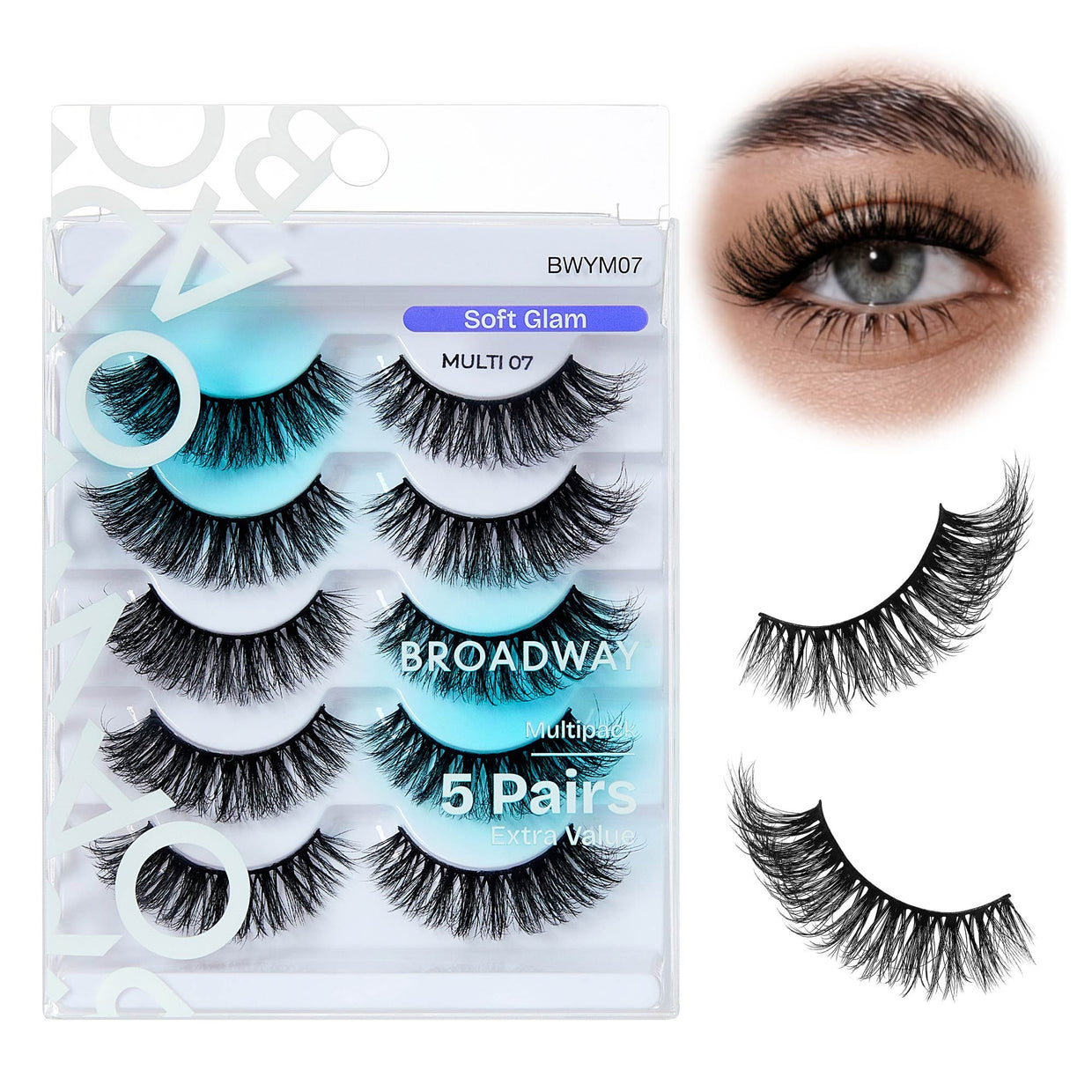Broadway Faux Mink Strip Lashes – 5-Pair Multipack – Soft Glam #07 – one retail pack