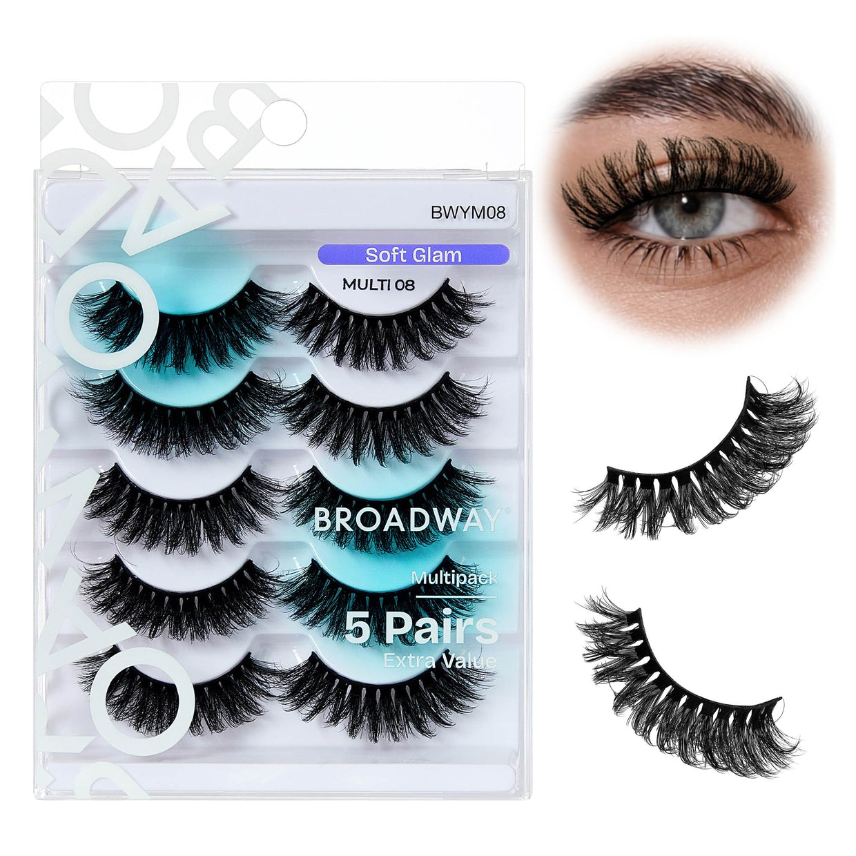 Broadway Faux Mink Strip Lashes – 5-Pair Multipack – Soft Glam #08 – one retail pack