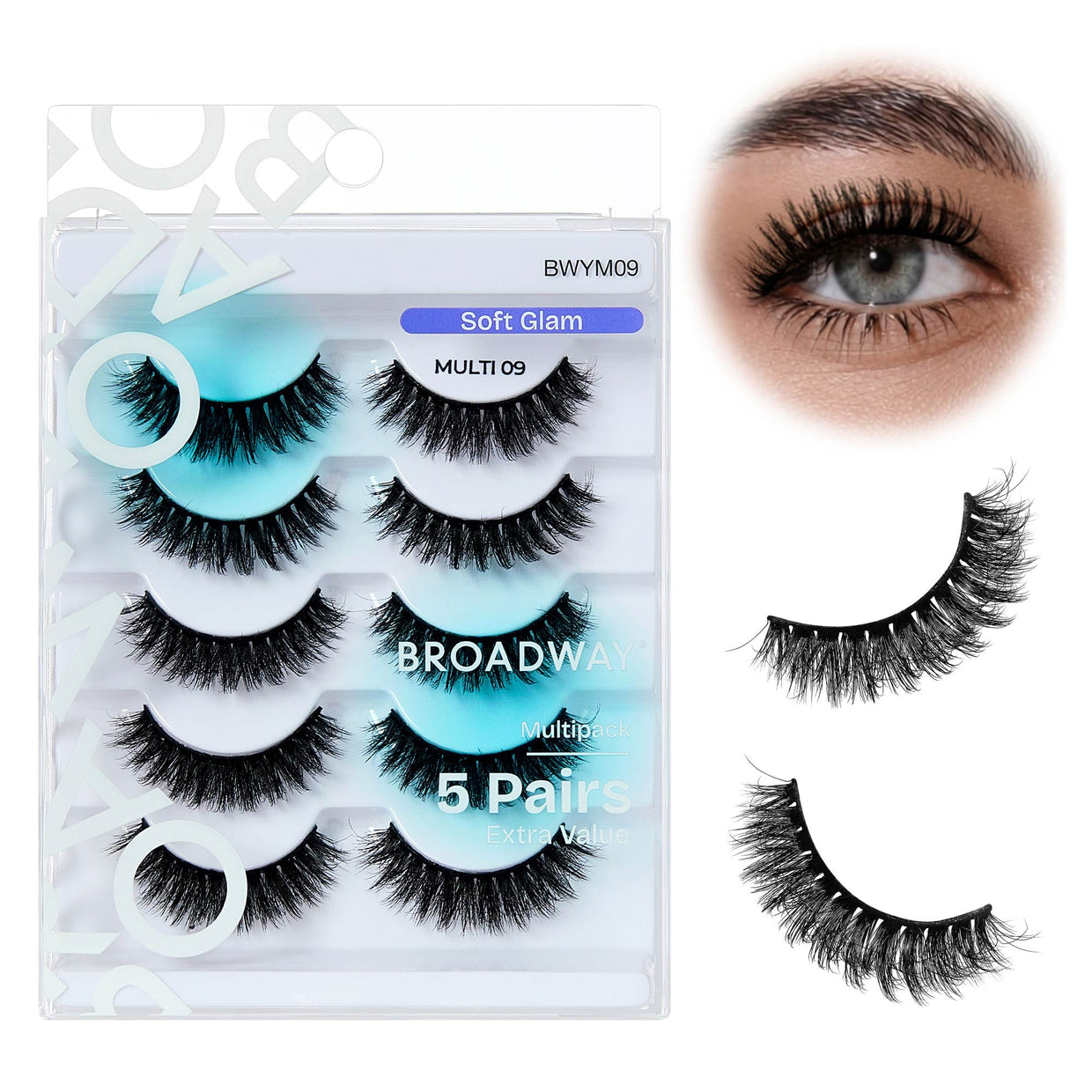 Broadway Faux Mink Strip Lashes – 5-Pair Multipack – Soft Glam #09 – one retail pack