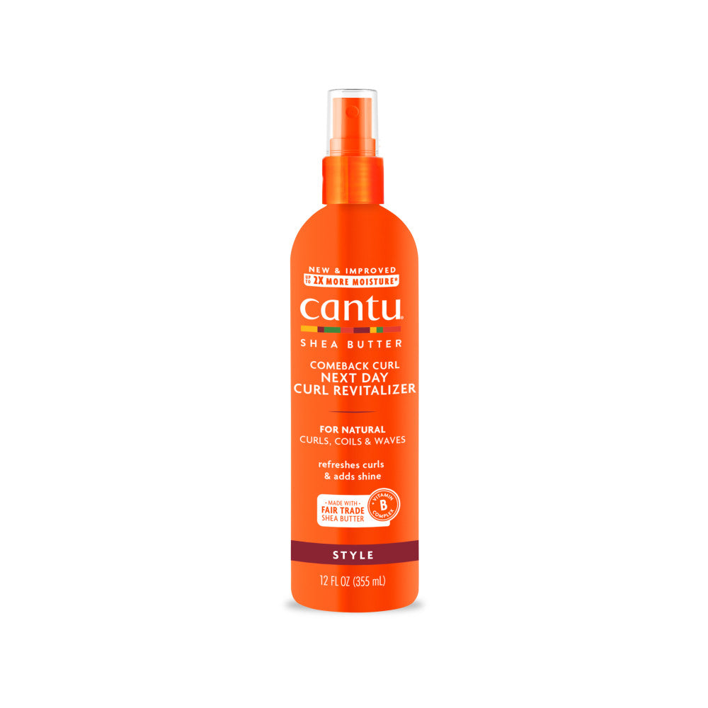 Cantu Shea Butter Comeback Curl Next Day Curl Revitalizer 12 oz spray bottle on white background
