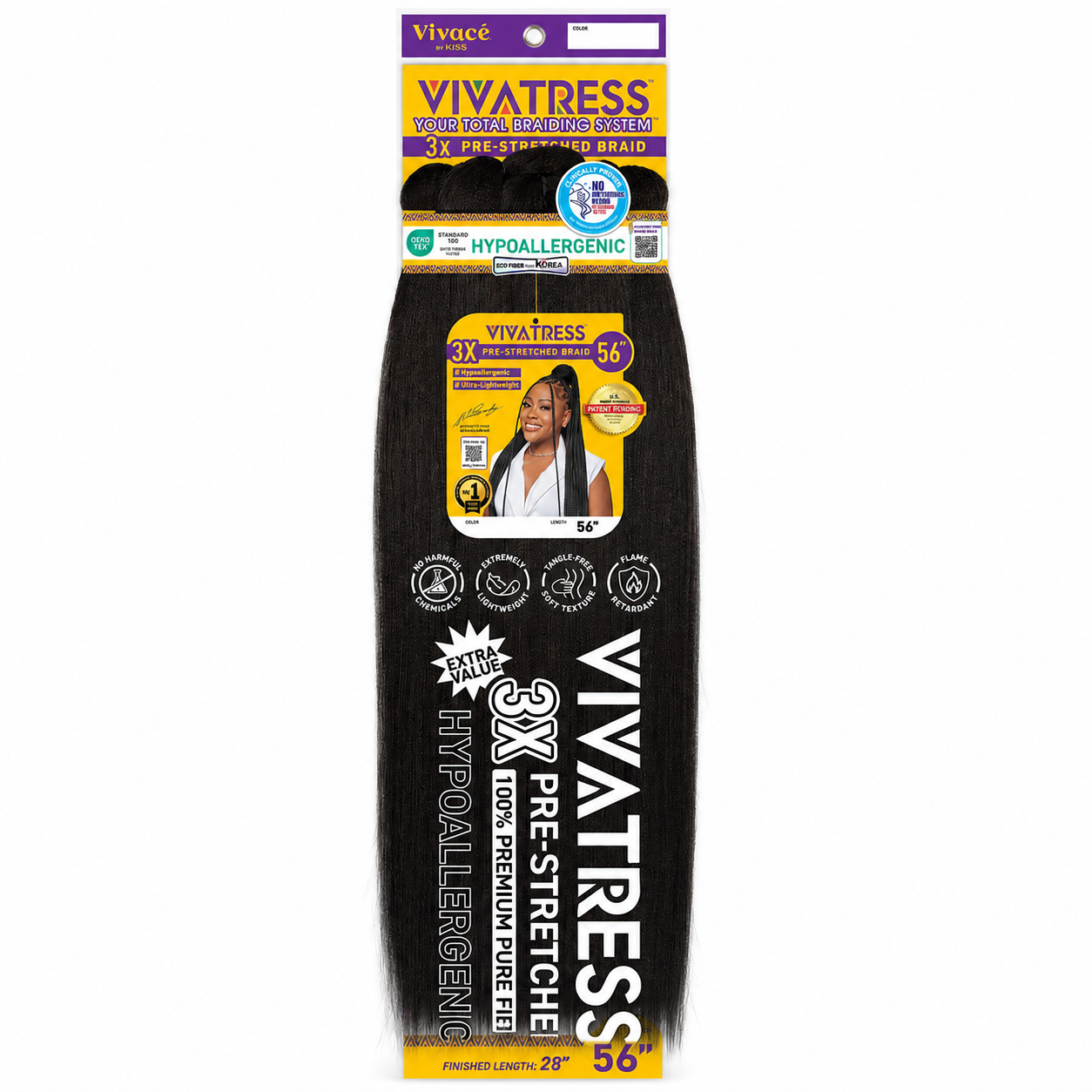 VIVATRESS 3X Pre-Stretched Braiding Hair 56" in color 1B Natural Black