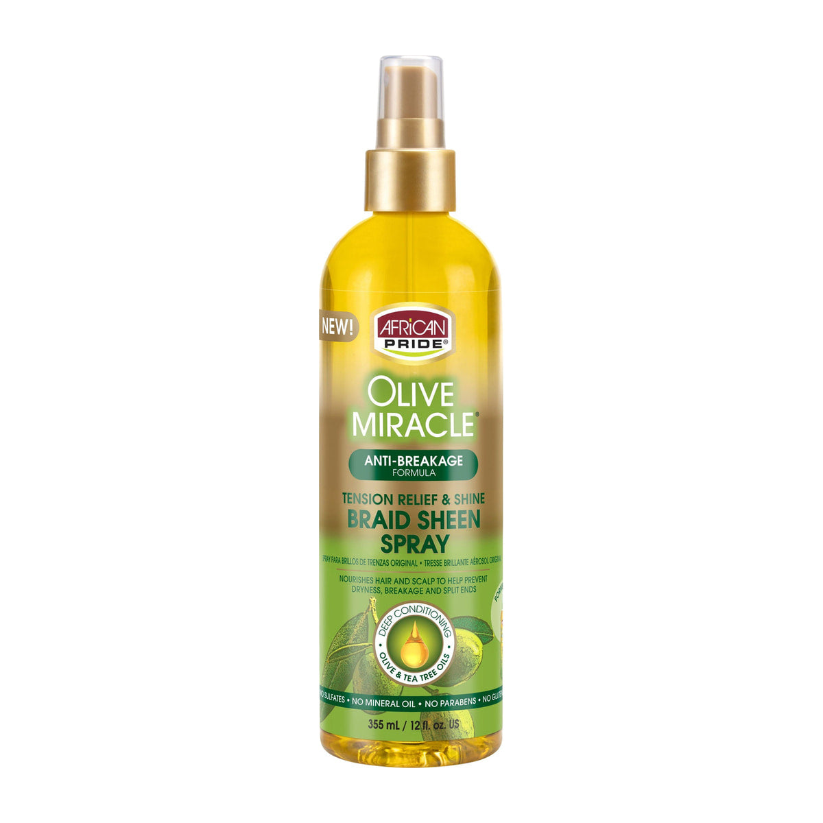 African Pride Olive Miracle Braid Sheen Spray – 12 oz product image on white background