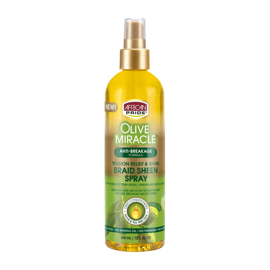 African Pride Olive Miracle Braid Sheen Spray – 12 oz product image on white background