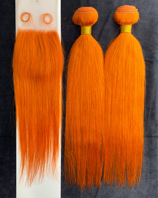 Electric Orange 100% Virgin Human Yaky Hair & 4x4 Transparent Free Part Closure