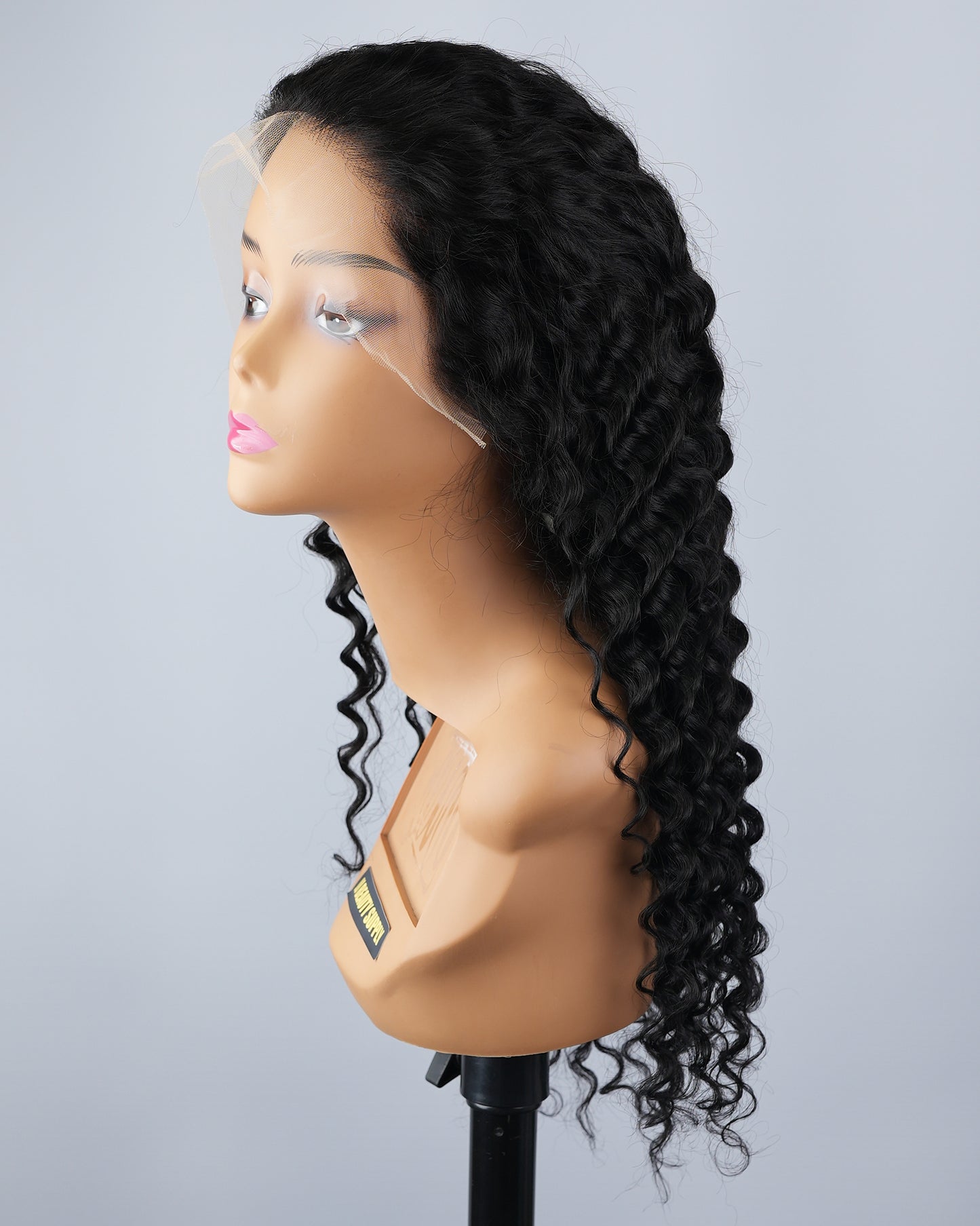 24 INCH Deep Wave 13"x4" HD Transparent Lace Unprocessed Human Hair Glueless Frontal Wig (Natural Black)